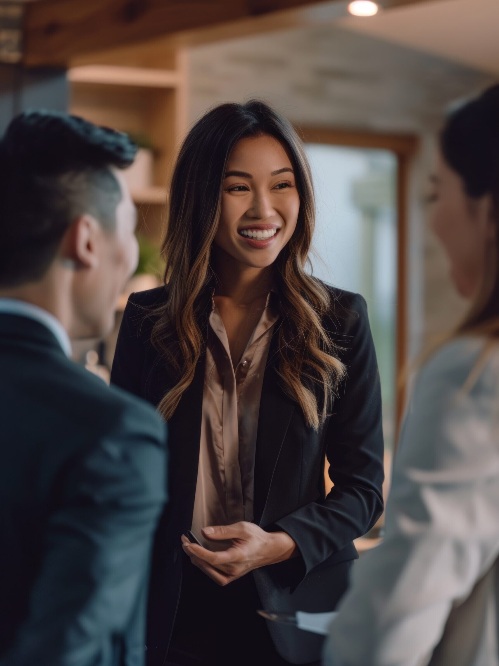 Professional real estate agent in business attire smiling while meeting with colleagues in a modern, upscale office setting.
